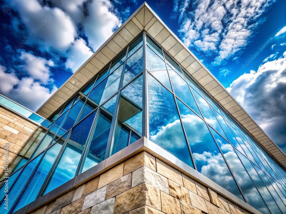 Modern Stone Building with Large Glass Window Against Clear Blue Sky and Fluffy White Clouds Modern Stone Building with Large Glass Window Against Clear Blue Sky and Fluffy White Clouds