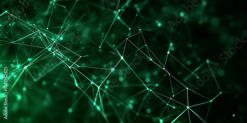A high-tech polygonal green wallpaper, featuring lines and particles that form a complex, interconnected network, evoking the themes of futuristic digital technology and data trans