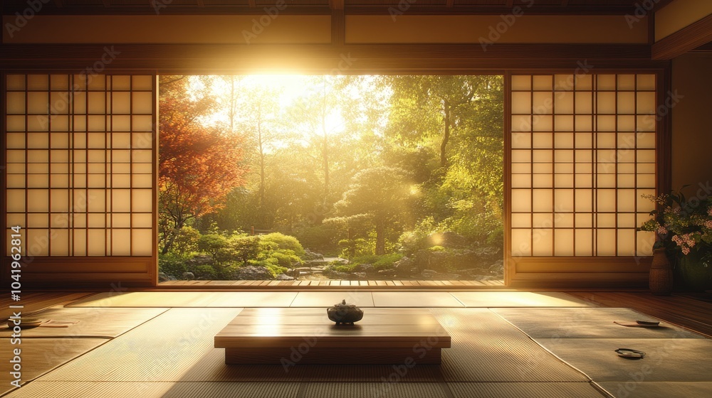 Japanese Zen Garden Tranquility: Sliding Doors Open to Peaceful Landscape Japanese Zen Garden Tranquility: Sliding Doors Open to Peaceful Landscape