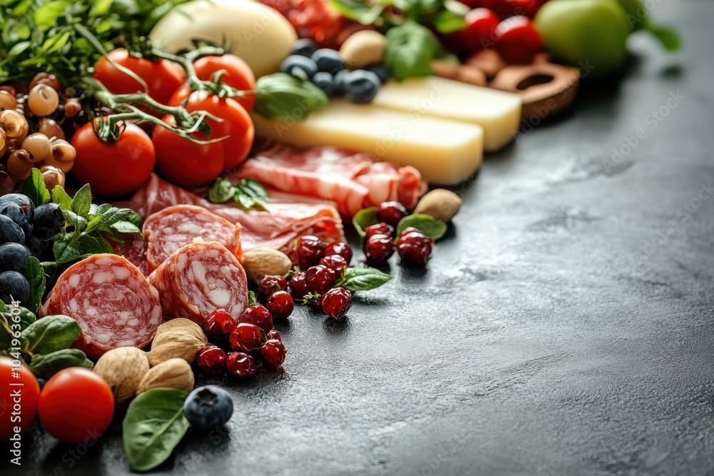 Colorful arrangement of meats, cheeses, and fruits on a rustic table for a gourmet feast Colorful arrangement of meats, cheeses, and fruits on a rustic table for a gourmet feast