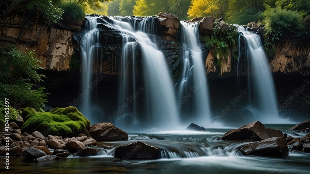 a beauty of a cascading waterfall surrounded by lush greenery. The water falls from a great height, creating a powerful and mesmerizing spectacle. a beauty of a cascading waterfall surrounded by lush greenery. The water falls from a great height, creating a powerful and mesmerizing spectacle.