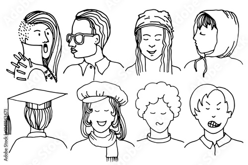 Different man and woman faces. Young people heads and faces  collection. Facial expressions and emotions. Students. Hand drawn vector illustration
