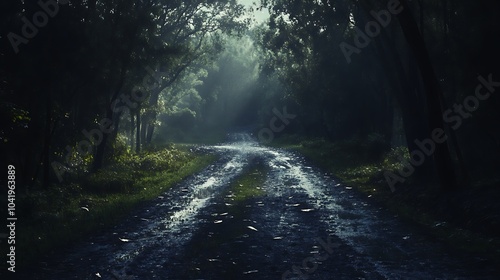 Mysterious Forest Path in the Morning Mist