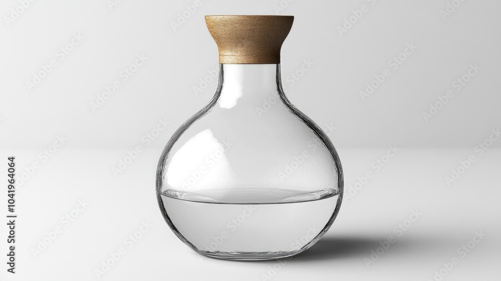 Glass Bottle with Water and Wooden Top, Elegant Design, Simple Background