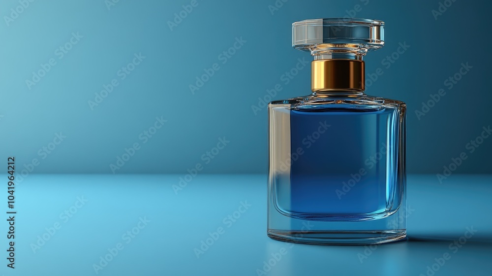 A Glass Bottle with Blue Liquid and a Gold Top on a Blue Background A Glass Bottle with Blue Liquid and a Gold Top on a Blue Background