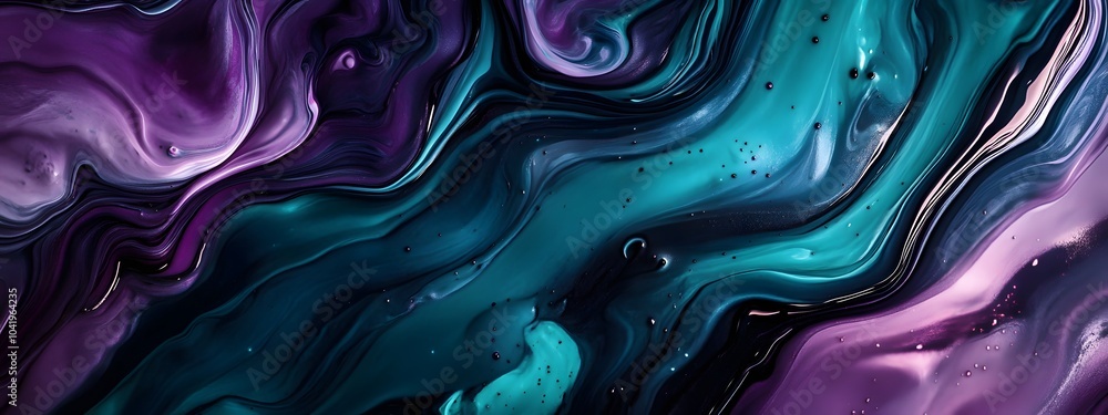 Obraz premium Abstract fluid art, with dark teal and purple hues and emerald green swirls, in a close-up, cinematic style.