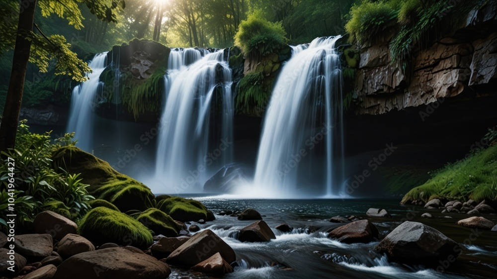 Fototapeta premium a beauty of a cascading waterfall surrounded by lush greenery. The water falls from a great height, creating a powerful and mesmerizing spectacle.