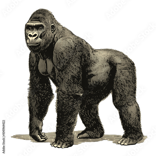 Vintage gorilla illustration isolated on transparent background, classic wildlife artwork ideal for animal decor and educational themes, PNG photo