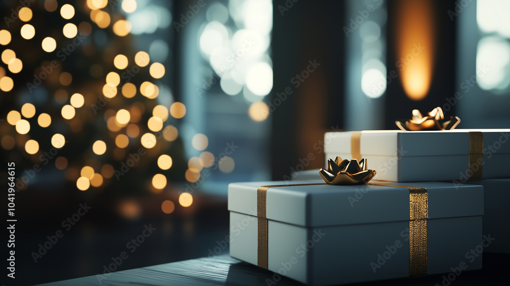 A close-up of luxurious white and gold Christmas presents stacked under a glowing tree, with soft bokeh lights and a blurred window creating a cozy and elegant holiday ambiance.