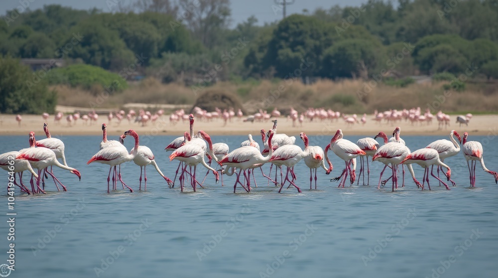 Fototapeta premium Group of flamingos wading in a serene lake setting