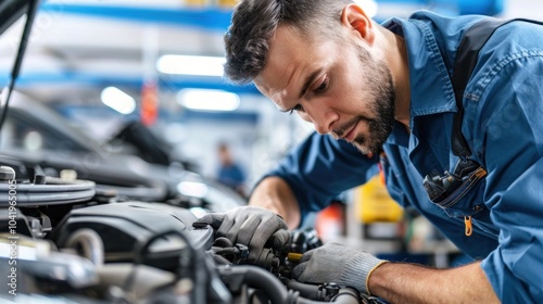 Focused mechanic repairing car engine in blurred workshop setting for automotive service concept.