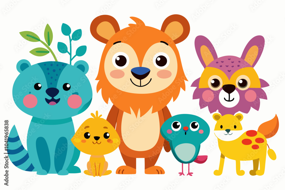 Obraz premium Whimsical Cartoon Animals with Bright Colors on White Background