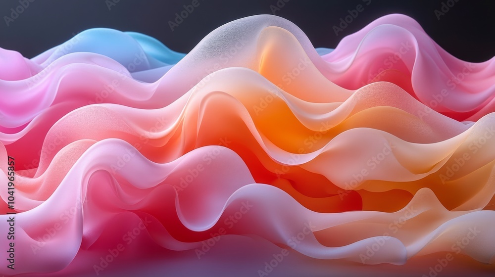 Fototapeta premium Swirling waves of fabric in pastel hues of pink, orange, and blue create a captivating abstract display. The textures blend seamlessly, evoking a sense of fluidity and gentle movement.
