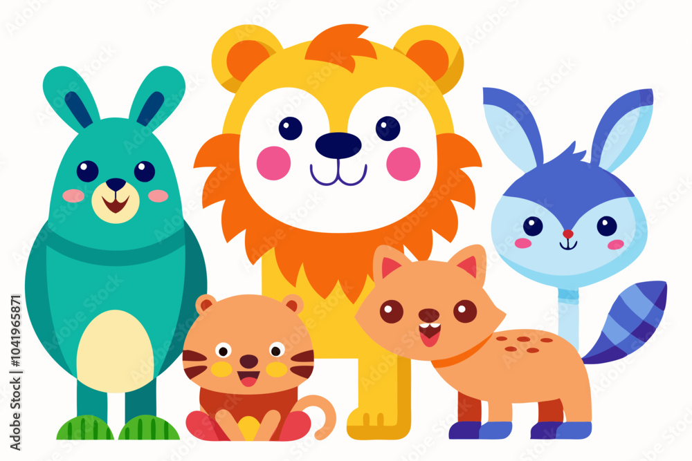 Whimsical Cartoon Animals with Bright Colors on White Background Whimsical Cartoon Animals with Bright Colors on White Background