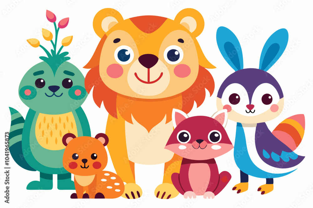 Fototapeta premium Whimsical Cartoon Animals with Bright Colors on White Background