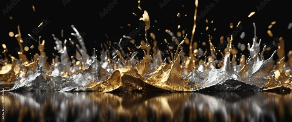 Golden and silver droplets leap into the air, creating an enchanting display that glistens against a dark backdrop, evoking the beauty of twilight Golden and silver droplets leap into the air, creating an enchanting display that glistens against a dark backdrop, evoking the beauty of twilight
