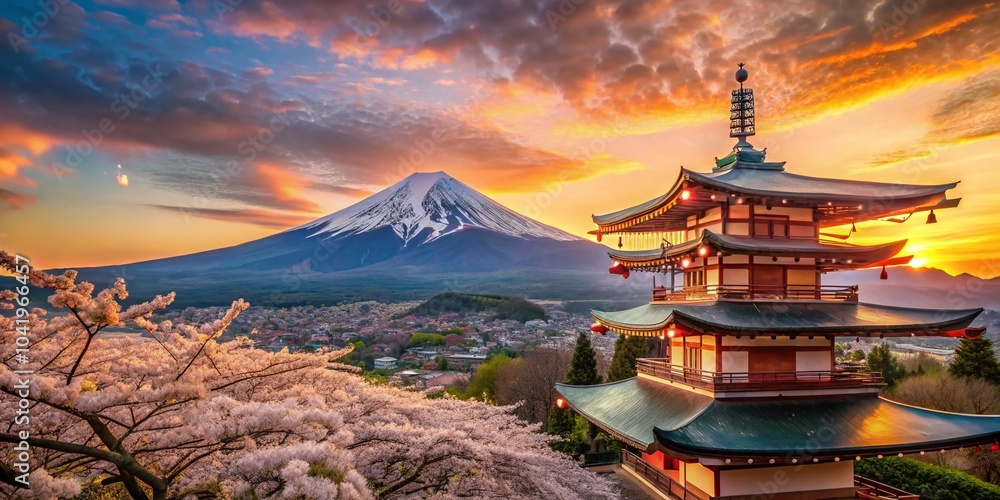 Fototapeta premium Mount Fuji at Sunrise Over Japanese Cityscape – Scenic Beauty and Tranquility