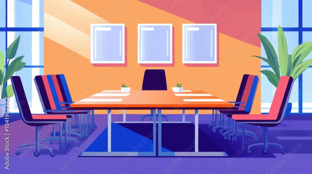 Modern conference room with a large table and colorful chairs. Modern conference room with a large table and colorful chairs.