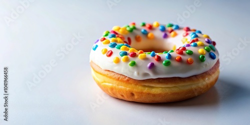 Delicious donut with white icing and rainbow sprinkles