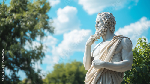 A classical statue of Socrates, standing in a contemplative pose, with detailed attention to the texture of his beard, his expressive face, and the folds of his ancient Greek attir photo