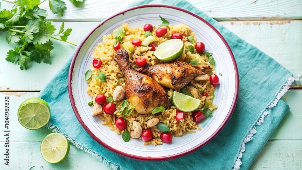 Delicious chicken and rice dish with fresh vegetables and lime served on a vibrant table with a rustic setting