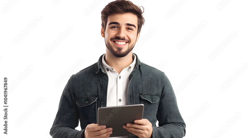 A handsome businessman in a suit stands while smiling, holding a tablet and looking at a laptop, embodying a professional work environment A handsome businessman in a suit stands while smiling, holding a tablet and looking at a laptop, embodying a professional work environment