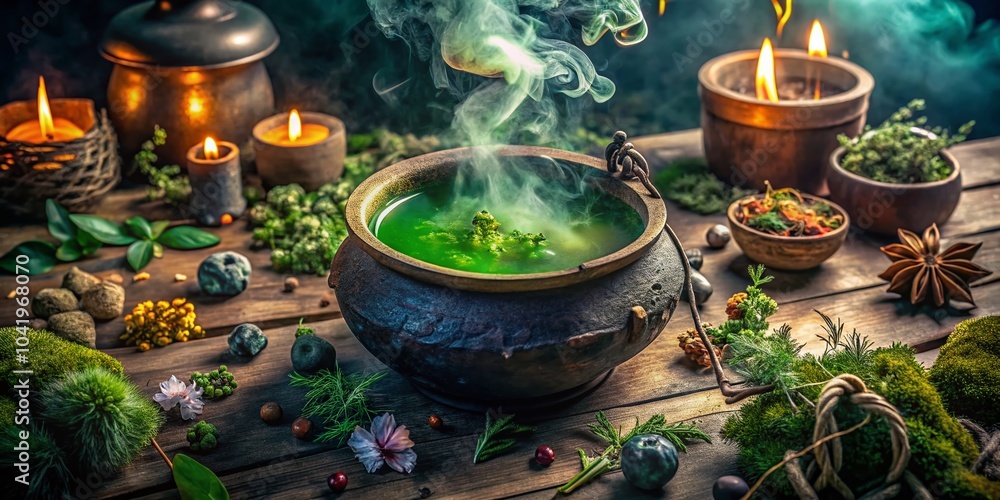 Fototapeta premium Mystical Cauldron Bubbling with Green Liquid in Eerie Atmosphere