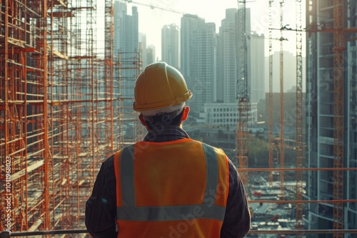 Construction Worker in Safety Gear Overlooking Site