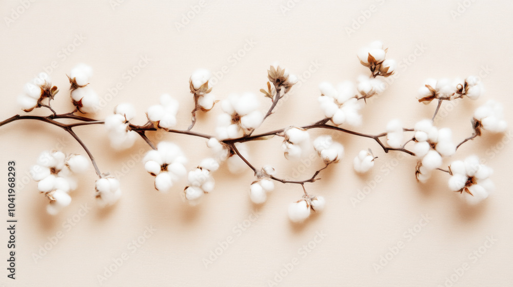 Cotton Branch with Delicate White Blossoms on a Pastel Background Cotton Branch with Delicate White Blossoms on a Pastel Background