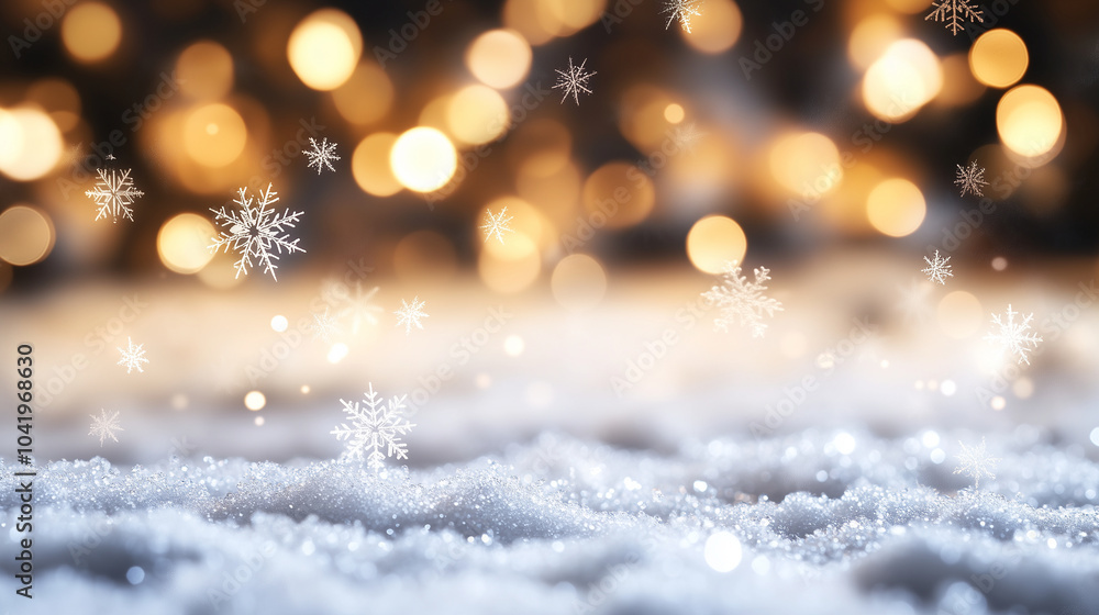 Naklejka premium Snowflakes, glowing softly in the cold air, swirl in a gentle blur, with delicate light reflections shimmering in the background, enhancing the peaceful, winter wonderland feel.