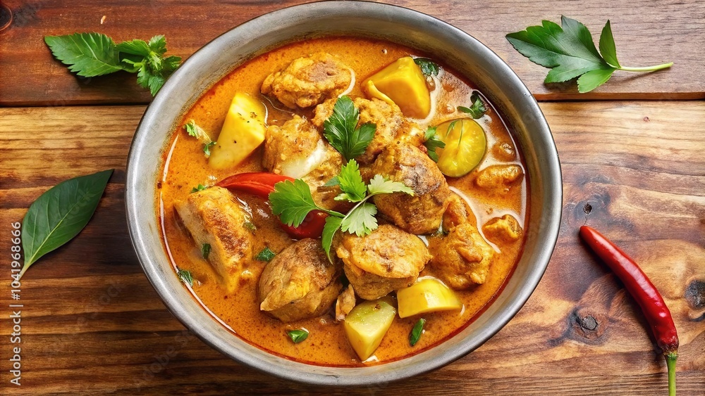 Delicious chicken curry served in a silver bowl with fresh herbs and spices on a wooden table Delicious chicken curry served in a silver bowl with fresh herbs and spices on a wooden table