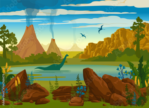 Prehistoric landscape with volcanos, mountains, ancient plants and silhouette of dinosaurs. Vector illustration.