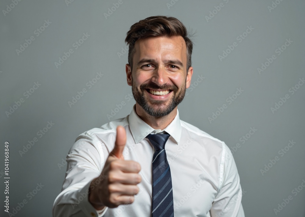 Cheerful businessman with beaming smile giving thumbs up against neutral background Cheerful businessman with beaming smile giving thumbs up against neutral background