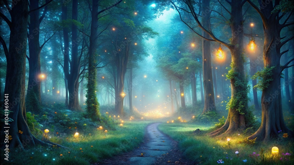 Naklejka premium night in a fairytale forest with imaginary magical land