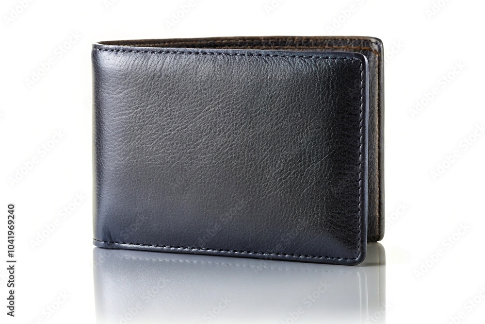 Naklejka premium Reflected black leather wallet on white background