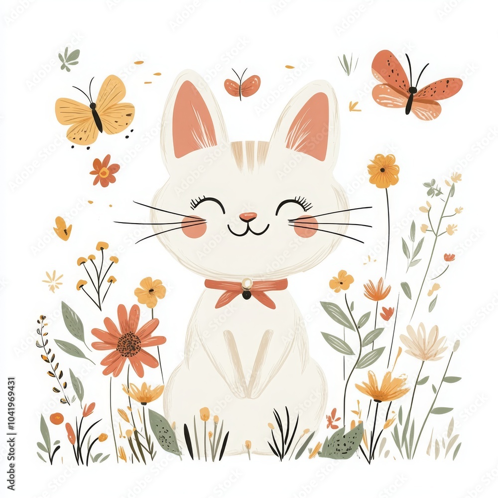 Cute Cat with Rabbit Ears Surrounded by Flowers Cute Cat with Rabbit Ears Surrounded by Flowers