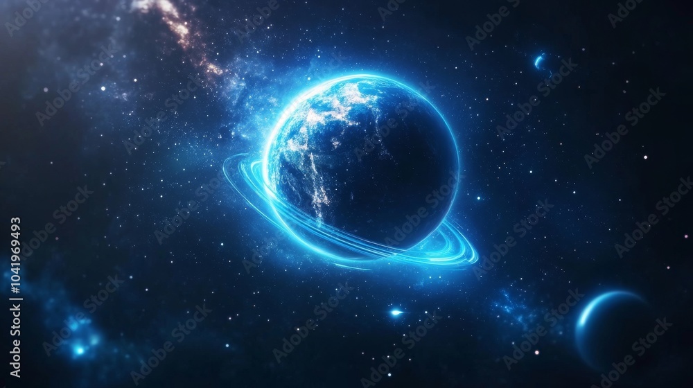 Obraz premium Glowing planet with rings in a cosmic space scene