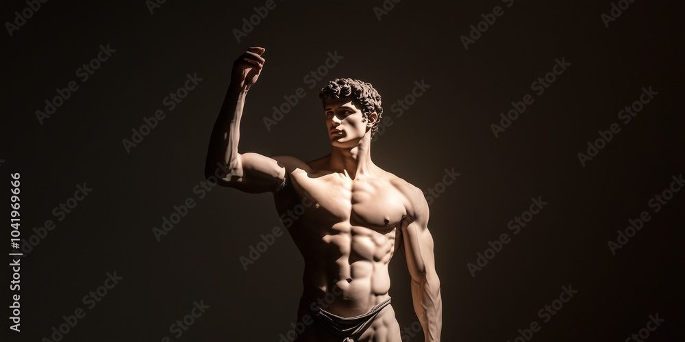 Obraz premium The powerful presence of a Roman male statue, with stoic expression and defined muscles, emerges from the semidark background, lit by subtle highlights that emphasize his form.