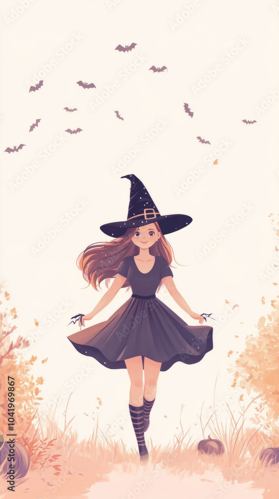 Beautiful vector illustration of a witch flying through the night sky with a flock of birds, surrounded by vibrant Halloween symbols,Generated By Ai Beautiful vector illustration of a witch flying through the night sky with a flock of birds, surrounded by vibrant Halloween symbols,Generated By Ai