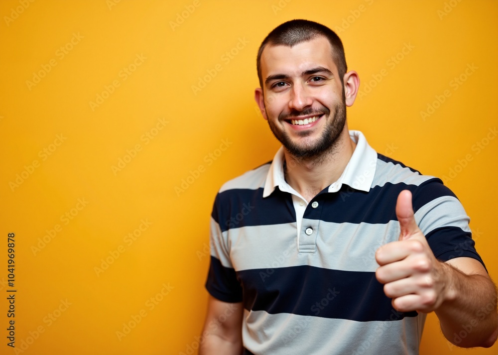 Cheerful Man with Thumbs Up Smiling Against Vibrant Yellow Background with Copy Space Cheerful Man with Thumbs Up Smiling Against Vibrant Yellow Background with Copy Space