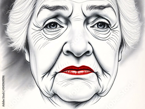 Wallpaper Mural A charcoal drawing of an elderly woman with prominent red lips, capturing her thoughtful expression and wise features in monochrome tones Torontodigital.ca