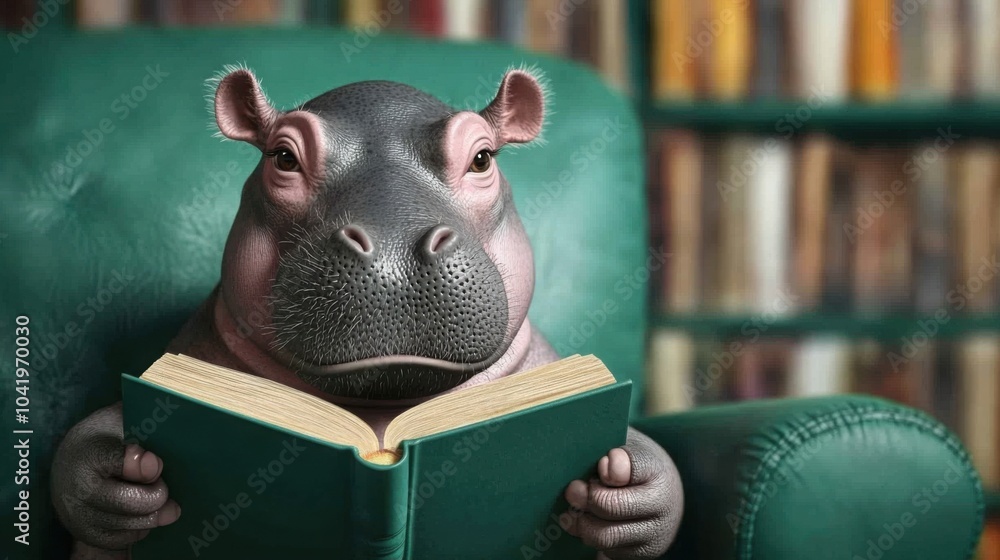 Sarcastic Hippo Reading a Book in 3D Illustration Sarcastic Hippo Reading a Book in 3D Illustration