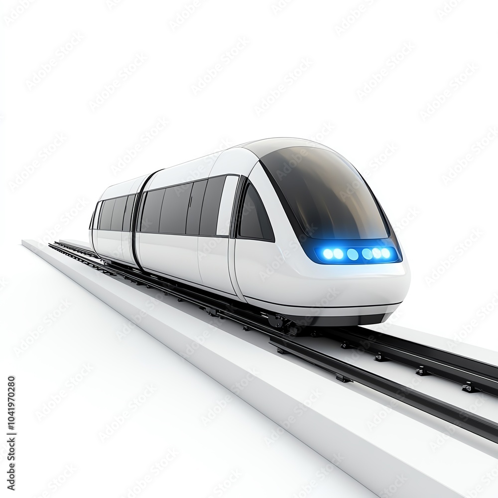 Naklejka premium Futuristic train on the track, white isolate background.