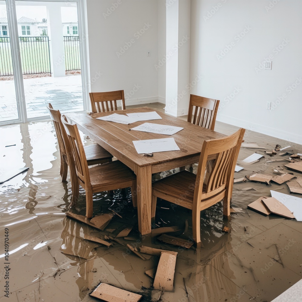 Fototapeta premium Flooded Dining Room The Impact of Water Damage on Home Interiors