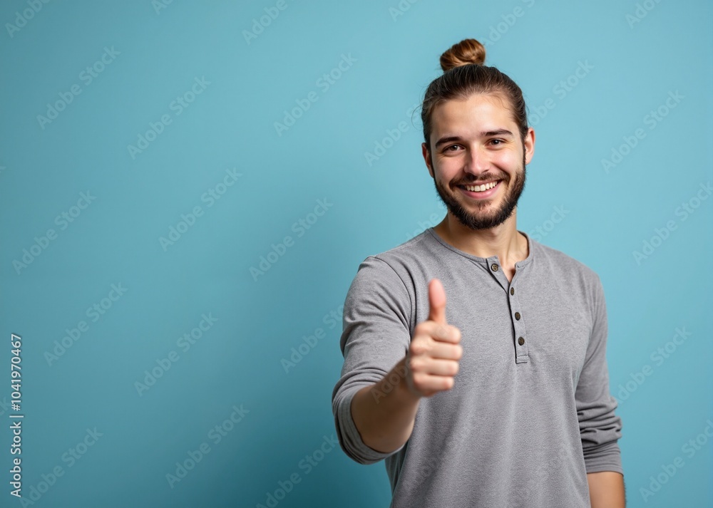 Cheerful Man with Thumbs Up Against Turquoise Background with Copy Space Cheerful Man with Thumbs Up Against Turquoise Background with Copy Space