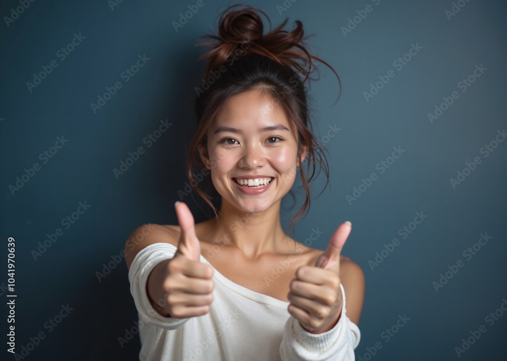 Asian Woman with Joyful Smile Giving Thumbs Up Against Blue Background Asian Woman with Joyful Smile Giving Thumbs Up Against Blue Background