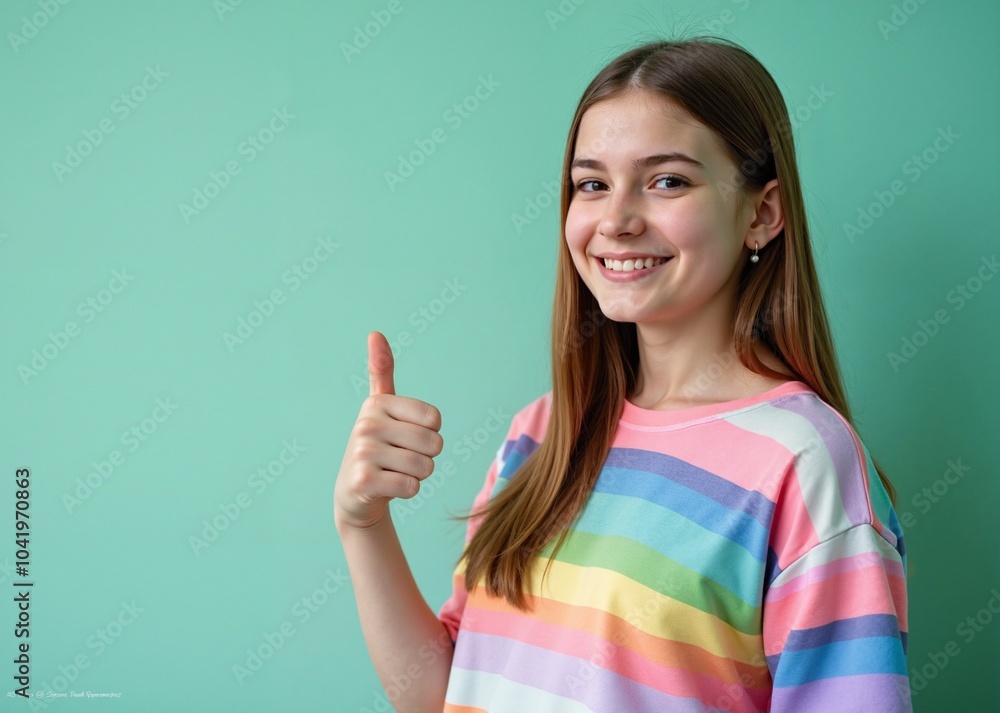 Cheerful young woman with thumbs up gesture against teal background with copy space Cheerful young woman with thumbs up gesture against teal background with copy space