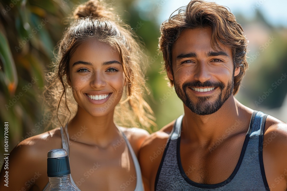 Young couple smiling at the camera after a workout in a sunny outdoor park Young couple smiling at the camera after a workout in a sunny outdoor park