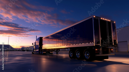 A shiny blue semi-truck with an open door sits in an empty warehouse lot, the spacious trailer reflecting the sunlight, waiting for the next commercial load to arrive at the loadin photo