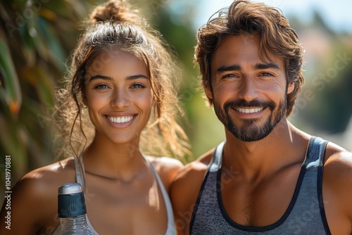 Young couple smiling at the camera after a workout in a sunny outdoor park